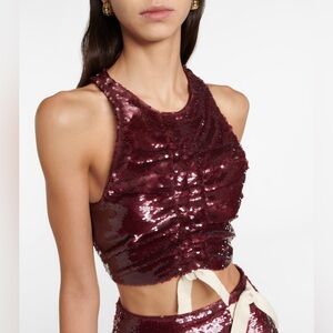 $295 Ganni Women's Red Ruched-Detail Sequin Top Size 36
